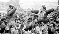 Rabbi Moshe Levinger and Hanan Porat celebrating the establishment of the first West Bank settlement in 1975.