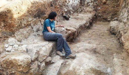 An ancient bench found in a biblical temple in Tel Lachish, September 2016.