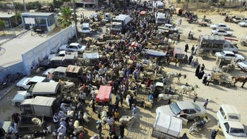 La gente fa acquisti in un mercato del bestiame prima del festival Eid al-Adha, a Rafah, nel sud della Striscia di Gaza, questo mese.