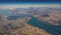 An aerial view of the Strait of Hormuz, in 2023.