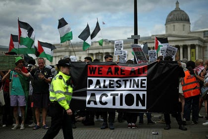 British activists demonstrating in central London in support of Palestine Action in June.