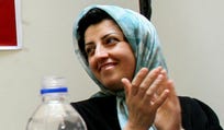 Iranian human rights activist Narges Mohammadi is seen in a meeting on women's rights in Tehran, Iran, in 2008.