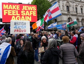 British Jewish communal groups rallying against rising antisemitism in the U.K. outside Downing Street in London on Sunday.