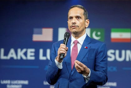 El primer ministro de Catar, Mohammed bin Abdulrahman bin Jassim Al Thani, habla en la Cumbre del Lago Lucerna en junio.