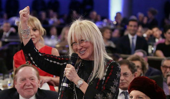 Miriam Adelson speaking at a Friends of the IDF event in Beverly Hills, California,  in 2014. "This family has been intensely meddling in Israeli politics for decades," MK Gilad Kariv wrote.