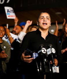 Sen. Aisha Wahab speaks to the media during an election-night watch party at Firefighters Local 1909 on August 18, 2026 in Hayward, California. Credit: Getty Images via AFP/HEATHER DIE Sen. Aisha Wahab speaks to the media during an election-night watch party at Firefighters Local 1909 on August 18, 2026 in Hayward, California.
