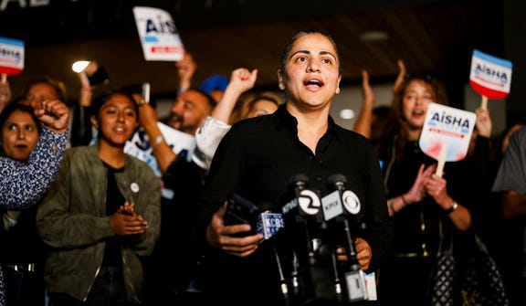 Sen. Aisha Wahab speaks to the media during an election-night watch party at Firefighters Local 1909 on August 18, 2026 in Hayward, California. Credit: Getty Images via AFP/HEATHER DIE Sen. Aisha Wahab speaks to the media during an election-night watch party at Firefighters Local 1909 on August 18, 2026 in Hayward, California.