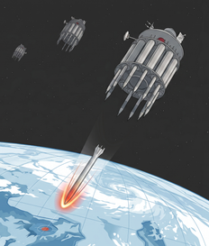 In the Americans' Project Thor, for example, an array of 10 to 15 of such satellites would be able to strike any point in the world within 15 minutes. Simulation: Nadav Gazit In the Americans' Project Thor, for example, an array of 10 to 15 of such satellites would be able to strike any point in the world within 15 minutes.
