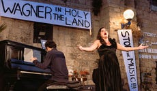 Tamara Nashri, right, and Alexander Ivanov performing Wagner outside Jaffa theater, August.