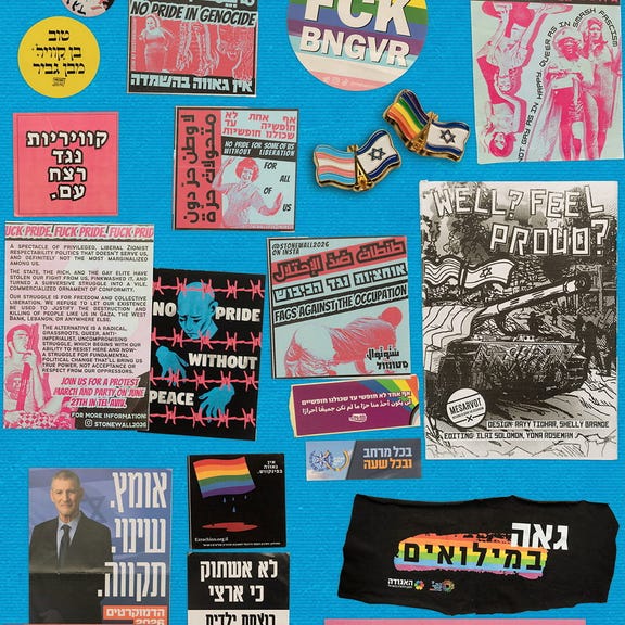 Political stickers, flyers and other ephemera from Israel's LGBTQ community, with slogans ranging from "Queers Against Genocide" to "Proud to Serve in the Reserves.". Credit: Photos: David Bachar / Artwork: Anastabia Shub Political stickers, flyers and other ephemera from Israel's LGBTQ community, with slogans ranging from "Queers Against Genocide" to "Proud to Serve in the Reserves."