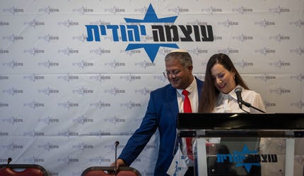 Itamar Ben-Gvir and Tally Gotliv announce her joining the Otzma Yehudit party, on Friday. Credit: Hadas Parush Itamar Ben-Gvir and Tally Gotliv announce her joining the Otzma Yehudit party, on Friday.