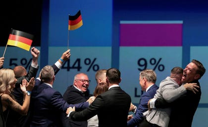 AfD members and supporters react to exit poll results at the party's election event in Magdeburg, Germany, September 6, 2026. Credit: AFP/RONNY HARTMANN AfD members and supporters react to exit poll results at the party's election event in Magdeburg, Germany, September 6, 2026.