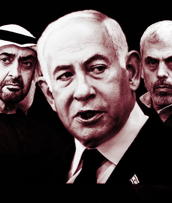 UAE President Sheikh Mohamed bin Zayed (L), Prime Minister Benjamin Netanyahu, and Yahya Sinwar, former Hamas leader in the Gaza Strip. UAE President Sheikh Mohamed bin Zayed (L), Prime Minister Benjamin Netanyahu, and Yahya Sinwar, former Hamas leader in the Gaza Strip