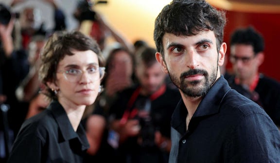 Directors Yuval Abraham and Rachel Szor during arrivals for the screening of the documentary "NAZA" in competition, at the 83rd Venice International Film Festival in Venice, Italy, Thursday.