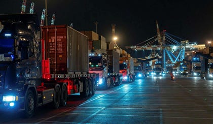 Trucks carry heavy MK-84 bombs delivered from the United States, in March.
