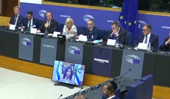 A prerecorded statement from Likud Minister Miri Regev is played at a conference organized by Austria's Freedom Party, in Strasbourg, on Wednesday.