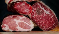 An assortment of meats prepared by the Bregmans using traditional methods. The jewels in their crown are the dry-cured sausages made from beef or pork.