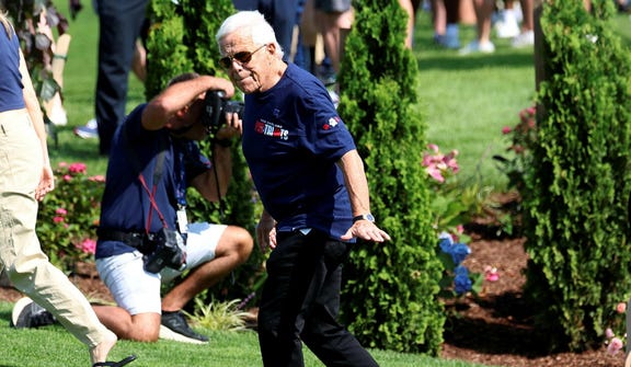 New England Patriots owner Robert Kraft arrives at the team's first day of NFL football training camp, July 25, 2026, in Foxborough, Mass.