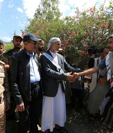 Mohammed Ahmed Miftah (C-L), the Houthi authority's caretaker prime minister, greets released prisoners loyal to the authority who were held on the west coast by Yemen's Saudi-backed government forces, in the capital Sanaa, earlier this month. Credit: Mohammed Huwais/AFP Mohammed Ahmed Miftah (C-L), the Houthi authority's caretaker prime minister, greets released prisoners loyal to the authority who were held on the west coast by Yemen's Saudi-backed government forces, in the capital Sanaa, earlier this month.