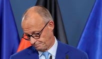 German Chancellor Friedrich Merz gives a statement after first exit polls of the Berlin and Mecklenburg Western Pomerania state elections, at the CDU headquarters in Berlin, Germany, on Sunday.