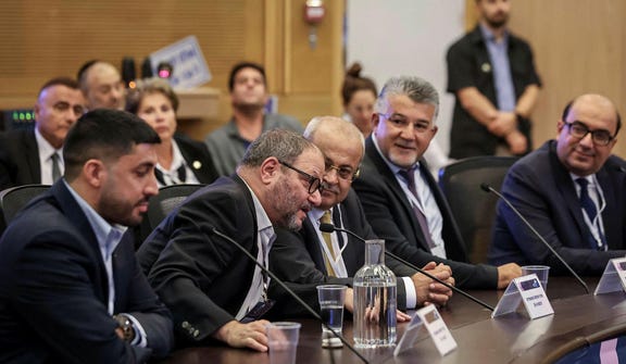 Sami Abu Shehadeh, with Ofer Cassif and other Joint List members, this month. Credit: Itay Cohen Sami Abu Shehadeh, with Ofer Cassif and other Joint List members, this month.