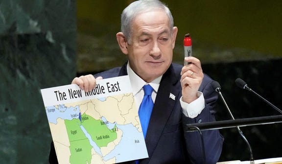 Prime Minister Benjamin Netanyahu addressing the UN General Assembly in September, 2023. Credit: Mary Altaffer/AP Prime Minister Benjamin Netanyahu addressing the UN General Assembly in September, 2023.