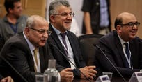 Sami Abu Shehadeh, right, as the Joint List submitted its electoral slate to the Central Elections Committee this month.