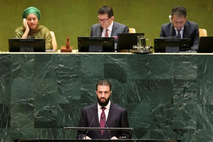 Syria's President Ahmed al-Sharaa addresses the 81st United Nations General Assembly at UN headquarters in New York City, US, Wednesday.