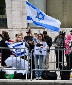 Demonstrators protest the North American premiere of "NAZA" in Manhattan on Saturday. Credit: Gili Getz Demonstrators protest the North American premiere of "NAZA" in Manhattan on Saturday.