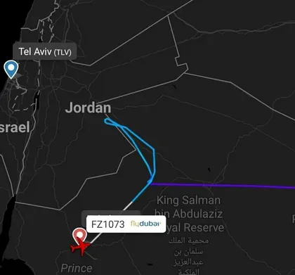 A diverted flydubai flight from Dubai to Tel Aviv seen on a map at an airport in Saudi Arabia, Wednesday.