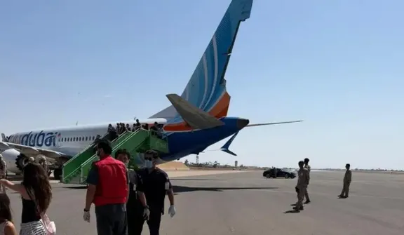 Flydubai airplane with broken wing at the Tabuk airport in Saudi Arabia, on Wednesday. Credit: Use in accordance with section 27A of the Copyright Law Flydubai airplane with broken wing at the Tabuk airport in Saudi Arabia, on Wednesday.