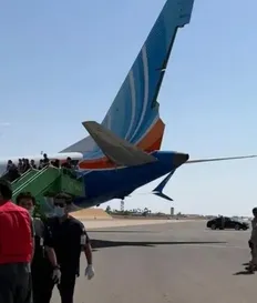 Flydubai airplane with broken wing at the Tabuk airport in Saudi Arabia, on Wednesday.