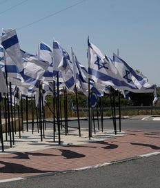 Israeli flags in the occupied West Bank, earlier this year. Credit: Alex Levac Israeli flags in the occupied West Bank, earlier this year.
