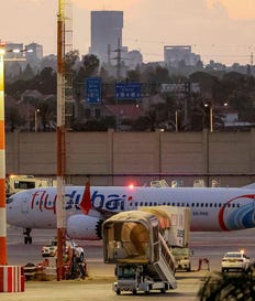 A flydubai Boeing 737 MAX 8 aircraft is pictured on the tarmac after landing at Israel's Ben Gurion Airport in Lod on September 30, 2026.