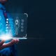 Patient interacts with digital healthcare platform on tablet. Concept: Technology centralizes medical services for holistic health management. 