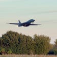 A B-1 bomber takes off from RAF Fairford airbase, in this screengrab obtained from a social media video in Fairford, Britain, on Sunday.