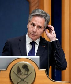 U.S. Secretary of State Antony Blinken in Doha, Qatar, October 13, 2023. Blinken and other "Biden bros" are on the #DroptheGenocide20 list of former officials that progressive groups are seeking to keep out of future government roles.