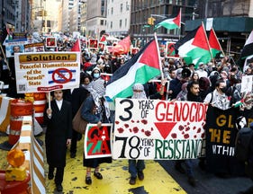 Pro-Palestinians protest in New York on Wednesday, the three-year anniversary of Hamas' attack. Many of those who imagined themselves as Palestine's advocates continued to speak of October 7 as a glorious day