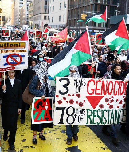 Pro-Palestinians protest in New York on Wednesday, the three-year anniversary of Hamas' attack. Many of those who imagined themselves as Palestine's advocates continued to speak of October 7 as a glorious day