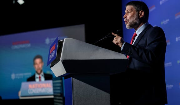 Far-right Finance Minister Bezalel Smotrich at NatCon in Jerusalem on Wednesday.