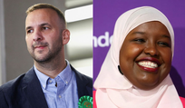 Green Party leader Zack Polanski, left, and Labour candidate Sagal Abdi-Wali, right, react to the results in the Holborn and St Pancras by-election, triggered by the resignation of former Prime Minister Keir Starmer as MP for Holborn and St Pancras, in London, U.K., Friday.