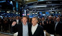 Skydance co-CEOs Ynon Kreiz, right, and David Ellison at the New York Stock Exchange last week, celebrating the newly merged company's listing.