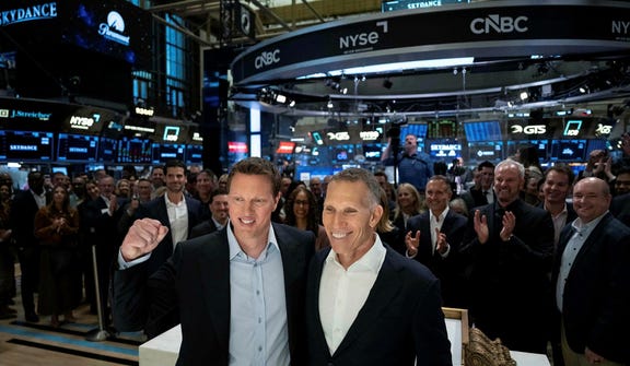 Skydance co-CEOs Ynon Kreiz, right, and David Ellison at the New York Stock Exchange last week, celebrating the newly merged company's listing.