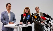 Kerstin Wolter-Ehling, state chair of the Left party speaks to the media, on the day of exploratory talks between the Left Party, the Social Democratic party (SPD) and the Greens on a possible coalition government for Berlin's House of Representatives, in Berlin, Germany, October 8, 2026.