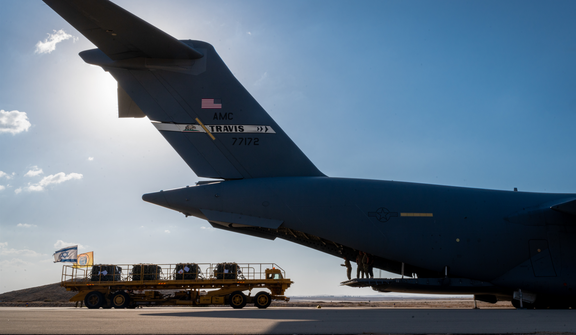 A U.S. military cargo plane arrives at Nevatim Airbase, southern Israel, in 2023.