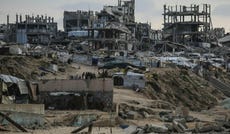 This photograph shows makeshift shelters erected amid the ruins of destroyed buildings in Beit Lahia in the northern Gaza Strip on Monday.