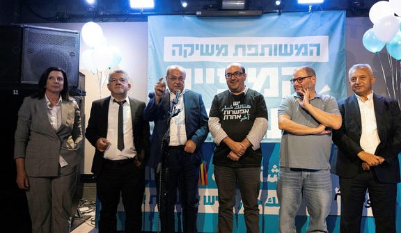 Yousef Jabareen, Ahmad Tibi, Sami Abu Shehadeh and Ofer Cassif at a Joint List campaign event, earlier this month.