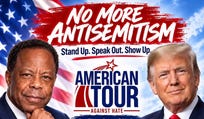 A flyer for the "American Tour Against Hate" event in Southfield, Michigan, featuring Leo Terrell and a video message from President Trump.