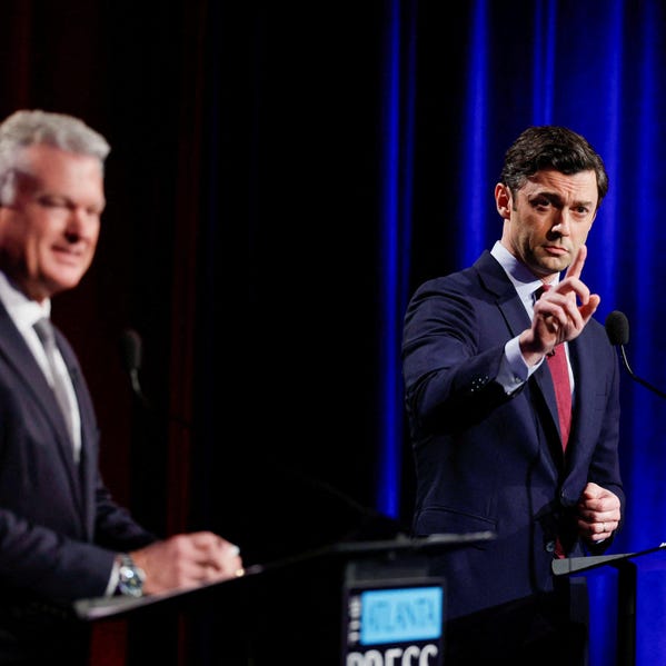 Sen. Jon Ossoff, right, and his Republican opponent, Mike Collins, at a debate in Atlanta this week. Social and demographic shifts helped Ossoff six years ago.