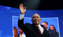 Former military chief Gadi Eisenkot, leader of the Yashar party, reacts to the exit poll at his party headquarters in Tel Aviv, Tuesday night.